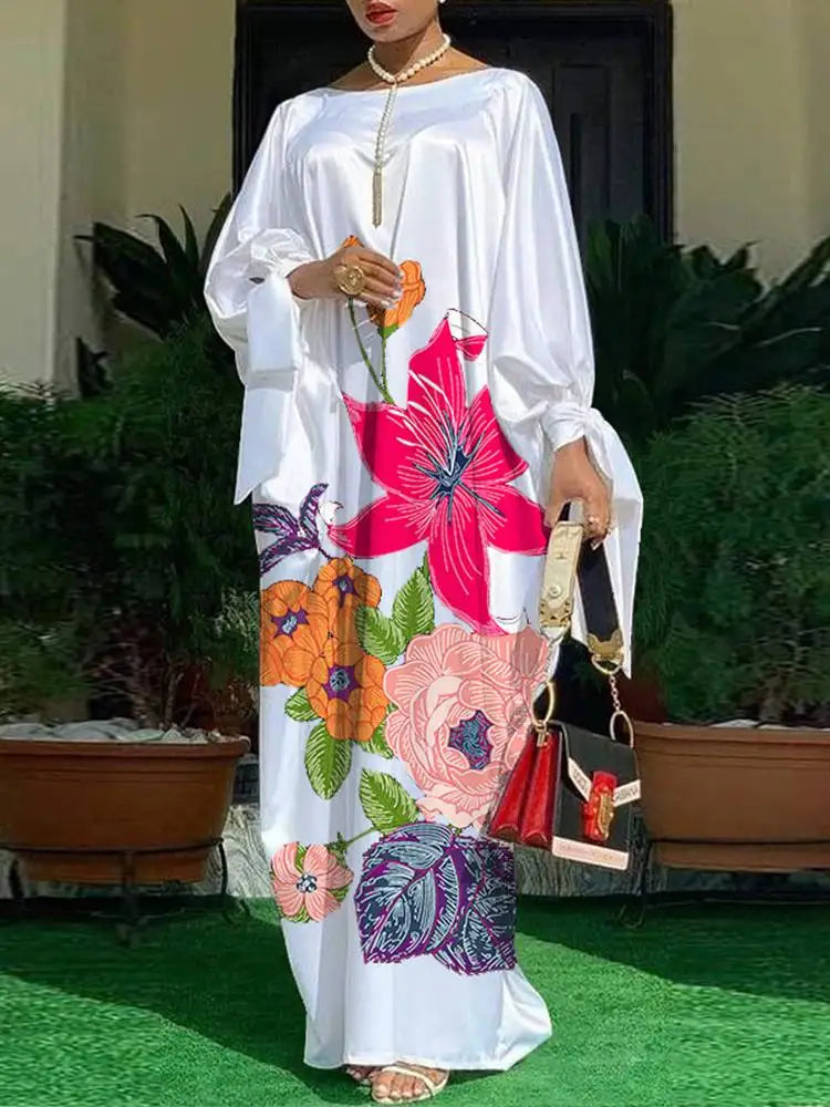 Women’s Long Sleeve Satin Maxi Dress – Vintage Floral Print Boho Sundress