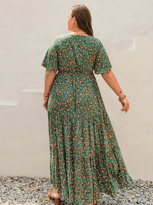 Women's Plus Size Bohemian Floral Long Dress with French Collar & Tie Front