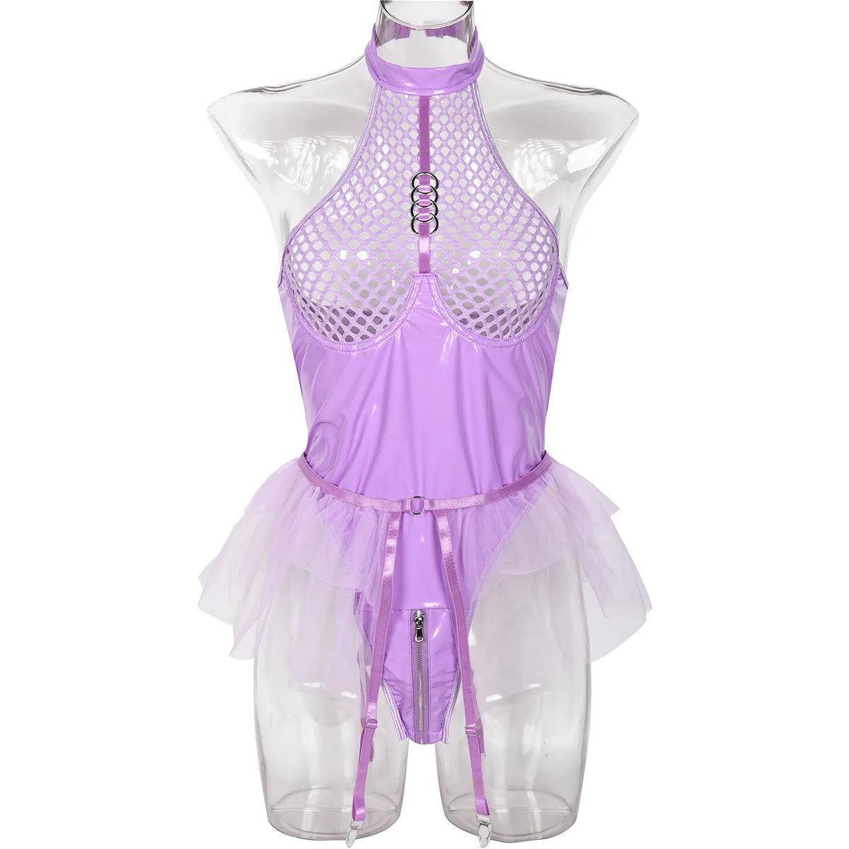 Patent Leather and Mesh Splicing Jumpsuit with Detachable Garter Belts