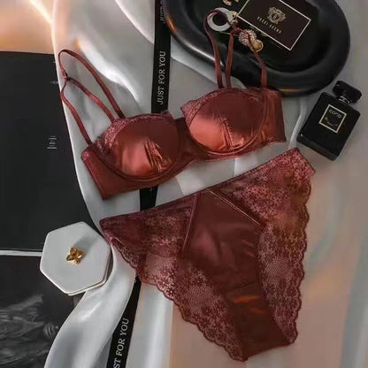 Satin Half-Cup Underwire Bra & Lace Trim Lingerie Set