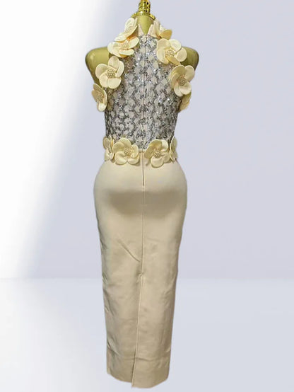 Glamorous Sequined 3D Flower Halter Bodycon Evening Gown