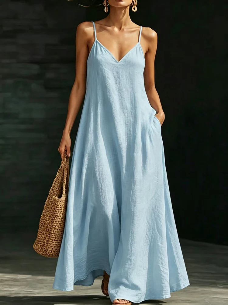 Women’s Casual V-Neck Spaghetti Strap Maxi Dress – Loose Swing Summer Beach Sundress