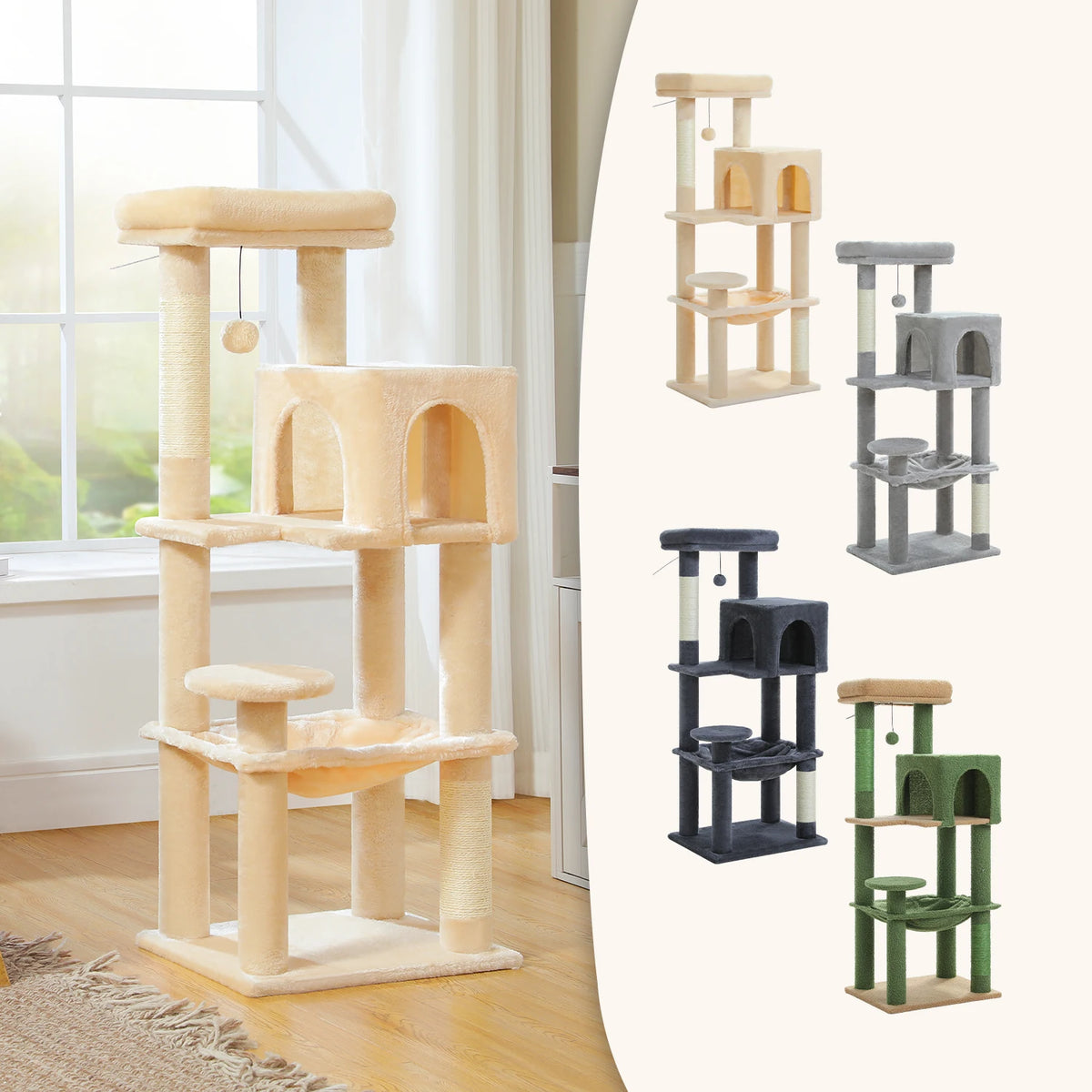 PEQULTI 5-Level Cat Tree Tower (113 cm) with Sisal Scratching Posts, Condo & Hammock