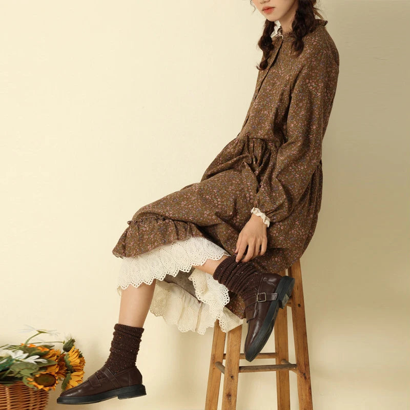 Women's Vintage Mori Girl Floral Print Cotton Linen Midi Dress with Lace Ruffles