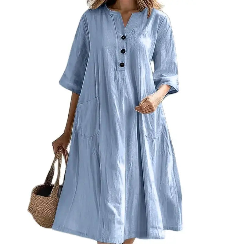 Women's Loose Cotton Linen Half-Sleeve Casual Midi Dress with Pockets