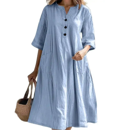 Women's Loose Cotton Linen Half-Sleeve Casual Midi Dress with Pockets