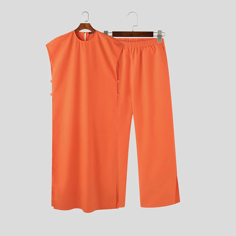 INCERUN Men's Sleeveless Kaftan Jubba Thobe & Pants 2-Piece Set