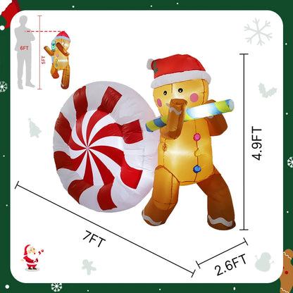 4.9FT Lighted Inflatable Gingerbread Man with Giant Candy