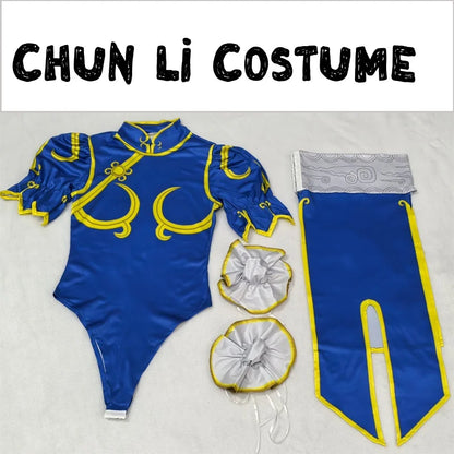 Women's Street Fighter Chun Li Cosplay Costume - Blue Cheongsam Dress with Headdress & Waistband Set