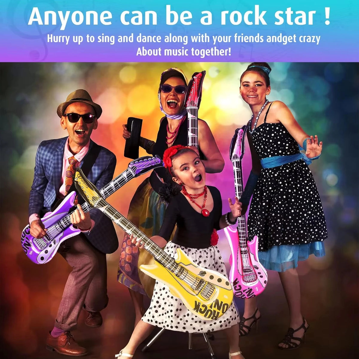 36 Inch Inflatable Rock Star Guitars Set, 80s 90s Blow Up Toy Guitar Party Decorations