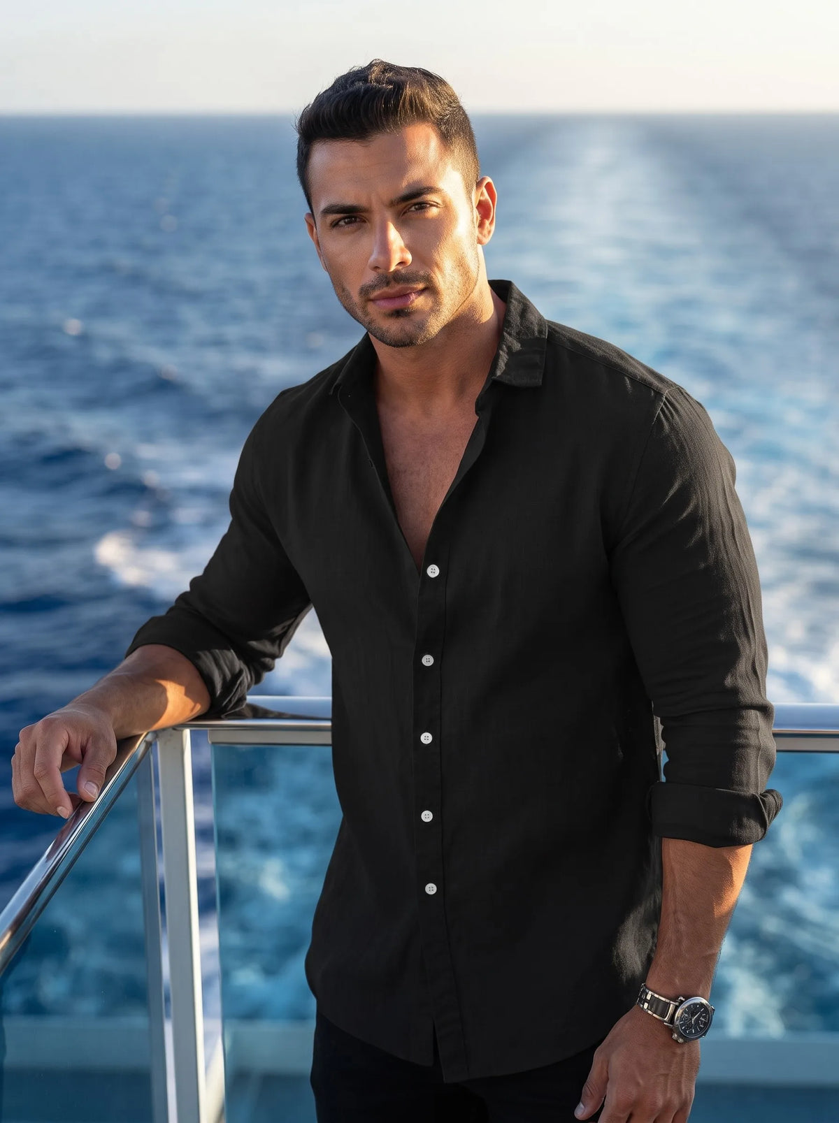 Men's Slim Fit Cotton Casual Long Sleeve Shirt - Lightweight Roll-Up Cuff Button Down