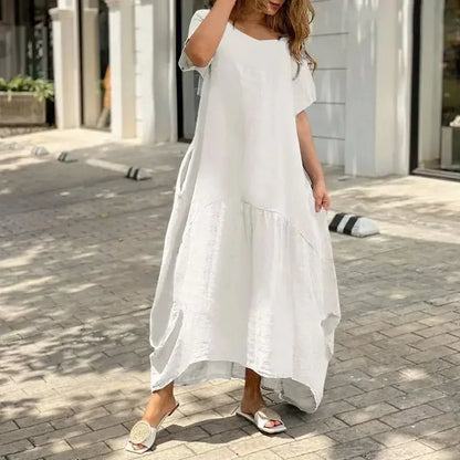 Women's Round Neck Cotton Linen Casual Pocket Summer Midi Dress
