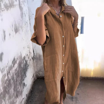 Women's Casual Loose Cotton Linen Solid Color Dress with Pockets