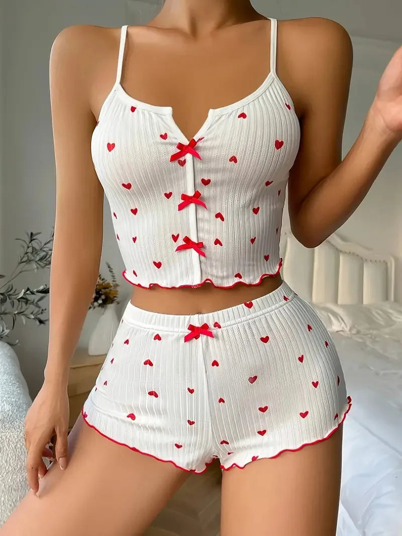 Heart Print Soft Ribbed Fabric Pajamas with Flirty Frill Trim