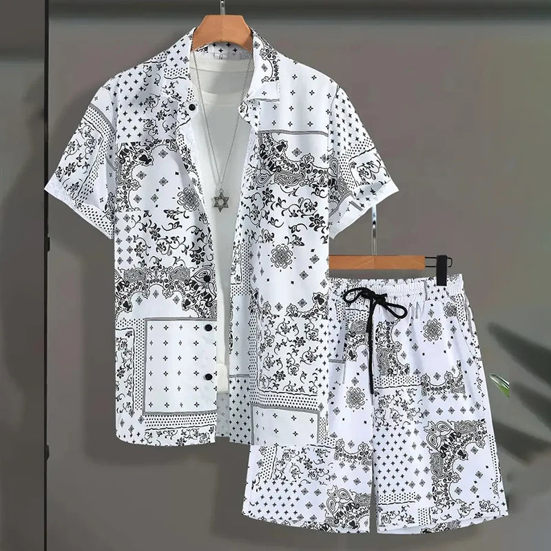 Men's Tropical Hawaiian Printed Short Sleeve Shirt & Shorts 2-Piece Suit Set