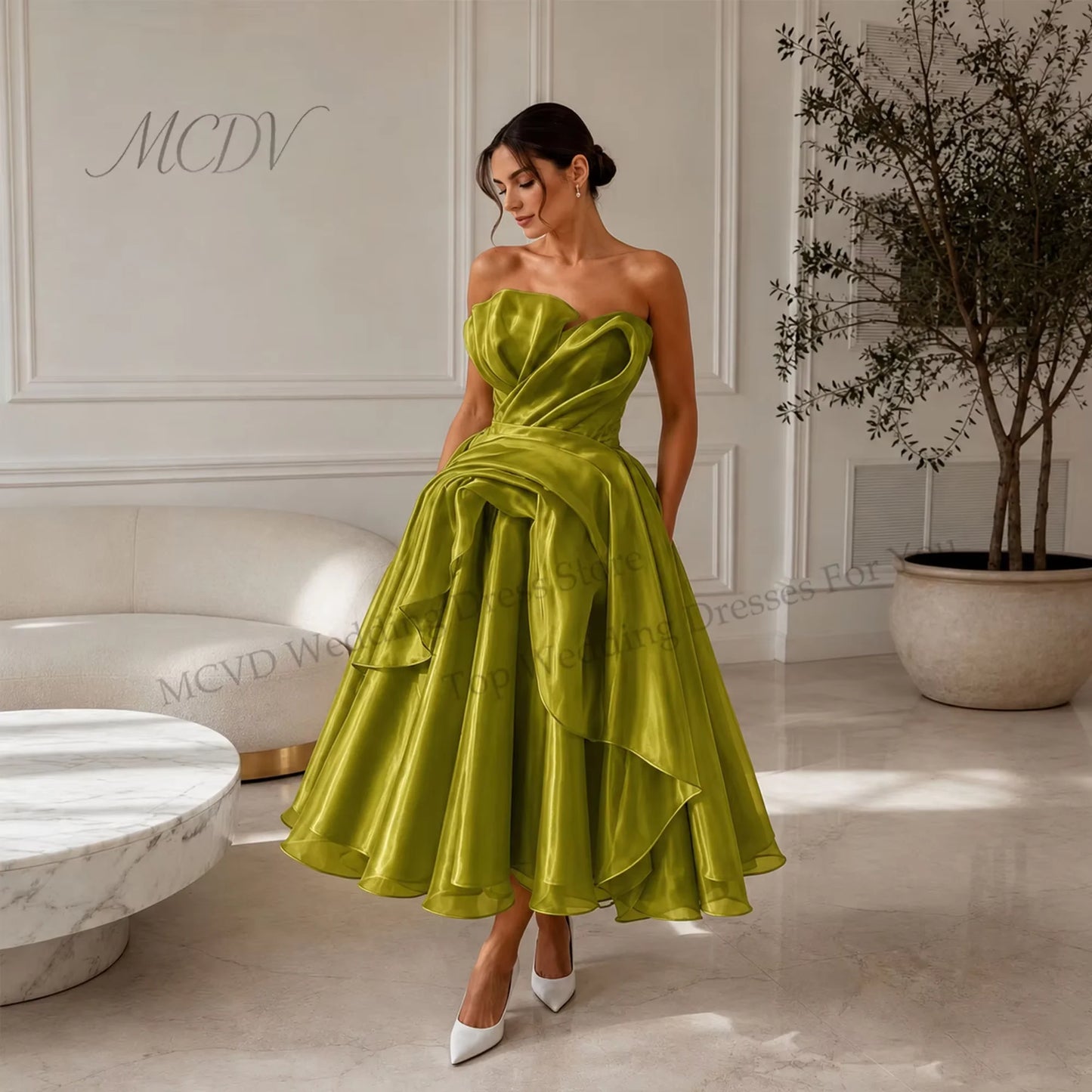 Elegant Strapless Organza A-Line Midi Wedding Dress – Civil Bridal Gown