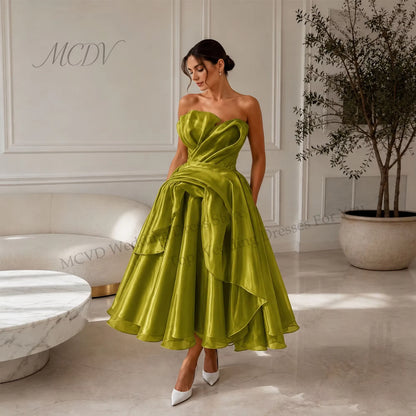 Elegant Strapless Organza A-Line Midi Wedding Dress – Civil Bridal Gown