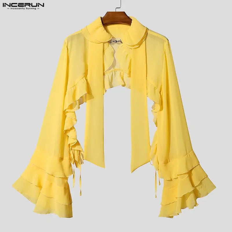 INCERUN Men's Solid Color Chiffon See-Through Ruffle Cardigan Shirt