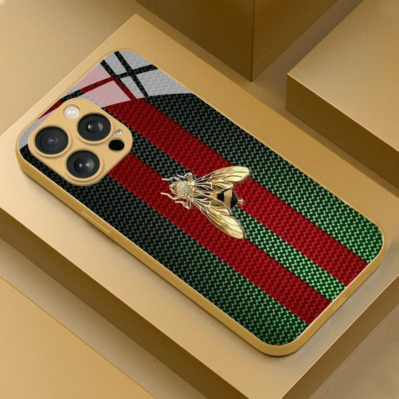 Luxury Metallic Stripe & Golden Bee Tempered Glass iPhone Case
