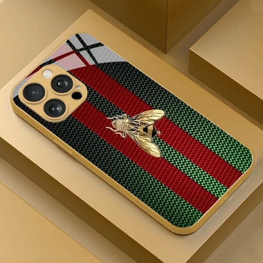 Luxury Metallic Stripe & Golden Bee Tempered Glass iPhone Case