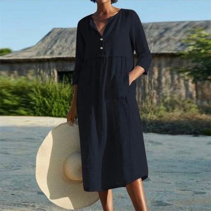 Women's Cotton Linen Half-Sleeve Midi Dress with Pockets