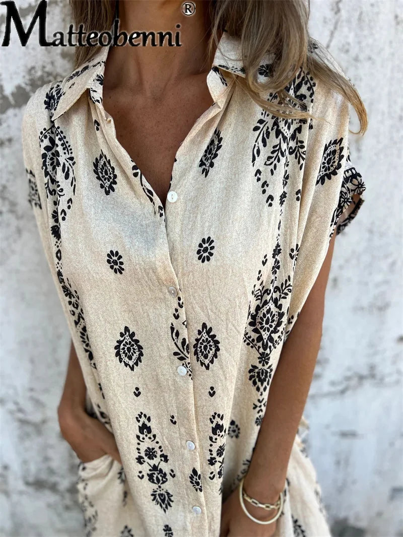 Women's Vintage Cotton Linen Single-Breasted Shirt Dress