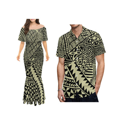 Polynesian Tribal One-Shoulder Mermaid Dress & Matching Men's Shirt
