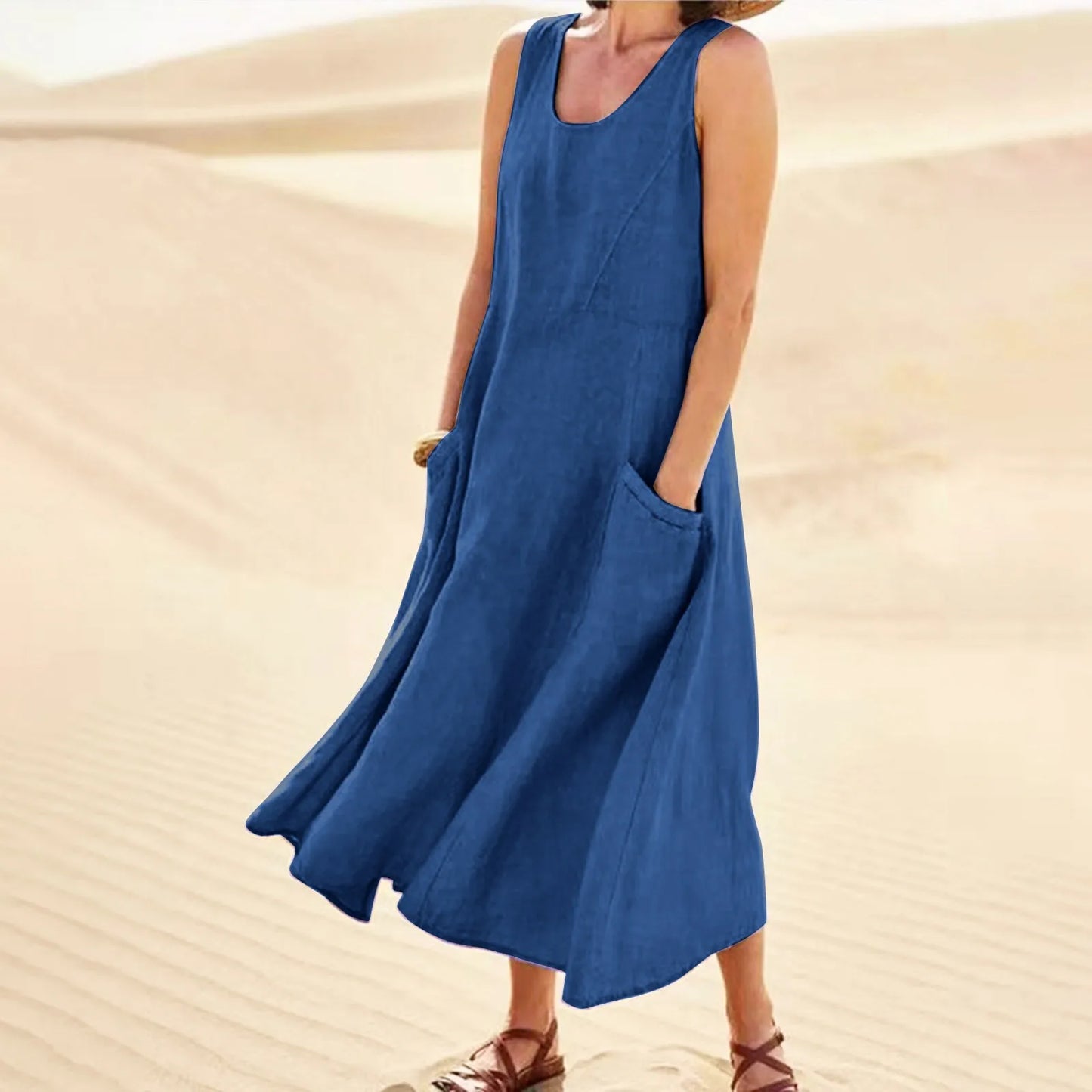 Women's Casual Sleeveless Cotton Linen Long Maxi Dress with Pockets
