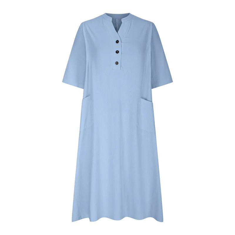 Women's Loose Cotton Linen Half-Sleeve Casual Midi Dress with Pockets