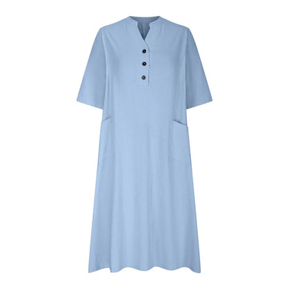 Women's Loose Cotton Linen Half-Sleeve Casual Midi Dress with Pockets
