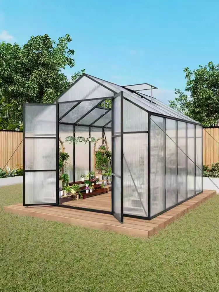 SUSUA 8x10FT Polycarbonate Raised Base and Anchor Aluminum Heavy Duty Greenhouse