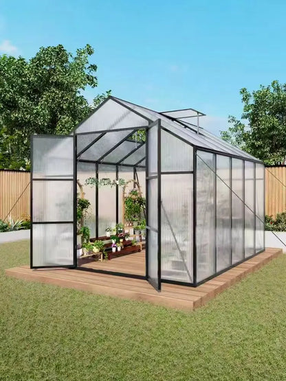 SUSUA 8x10FT Polycarbonate Raised Base and Anchor Aluminum Heavy Duty Greenhouse
