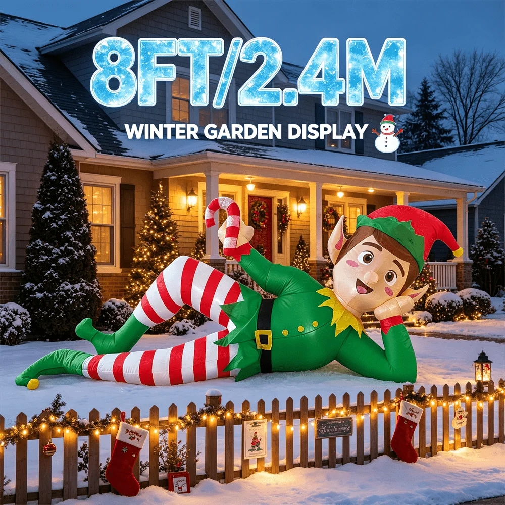 8FT Christmas Inflatable Lying Elf with Candy Cane