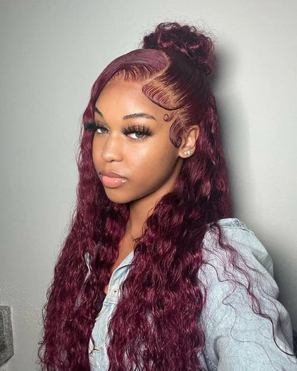 34" 99J Burgundy Wine Red Lace Front Wigs With Natural Deep Wave