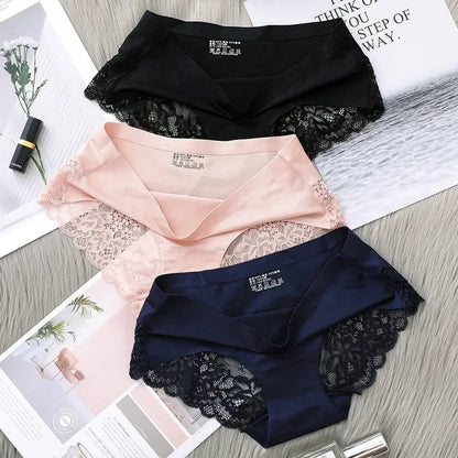 Women's Seamless Ice Silk Lace Trim Briefs