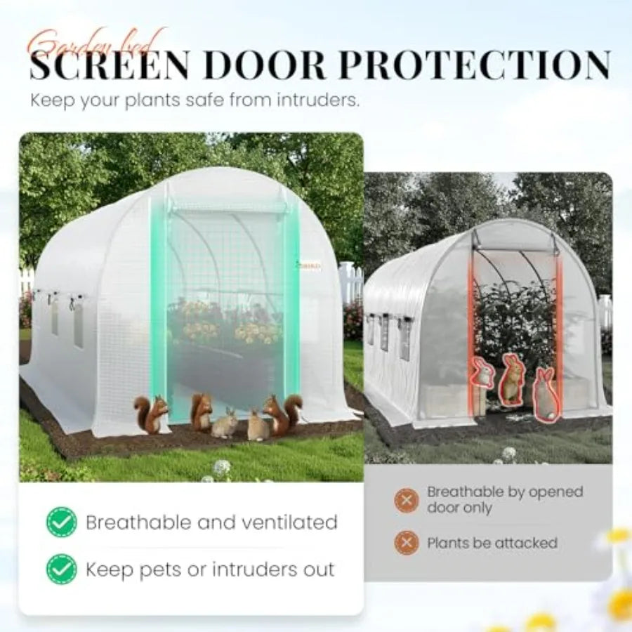 Greenhouse with Galvanized Steel Frame White Plastic Cover Green Screen Mesh Door and Upgraded Zippered Window