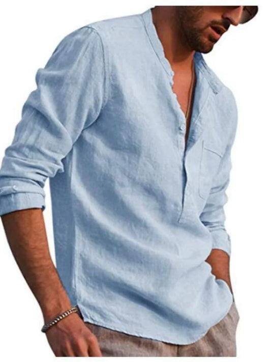 Men's Linen Long Sleeve Stand Collar Shirt