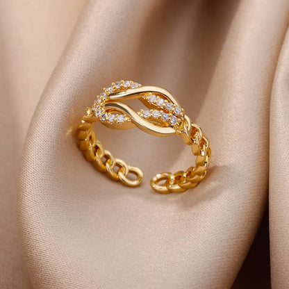 18K Gold Plated Zircon Geometric Open Ring – Trendy Waterproof Stainless Steel Jewelry