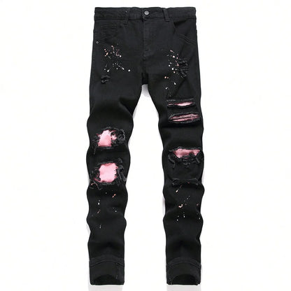 Men’s Ripped Patchwork Slim Fit Stretchy Jeans