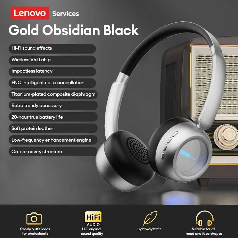 Lenovo Retro Wireless Bluetooth 6.0 Over-Ear Headphones with LED Lighting