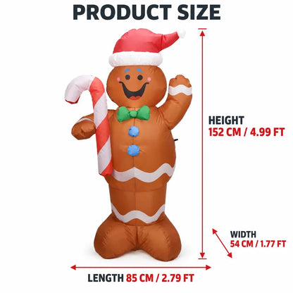 Giant 5FT Christmas Inflatable Gingerbread Man Decoration with Candy Cane & LED Lights
