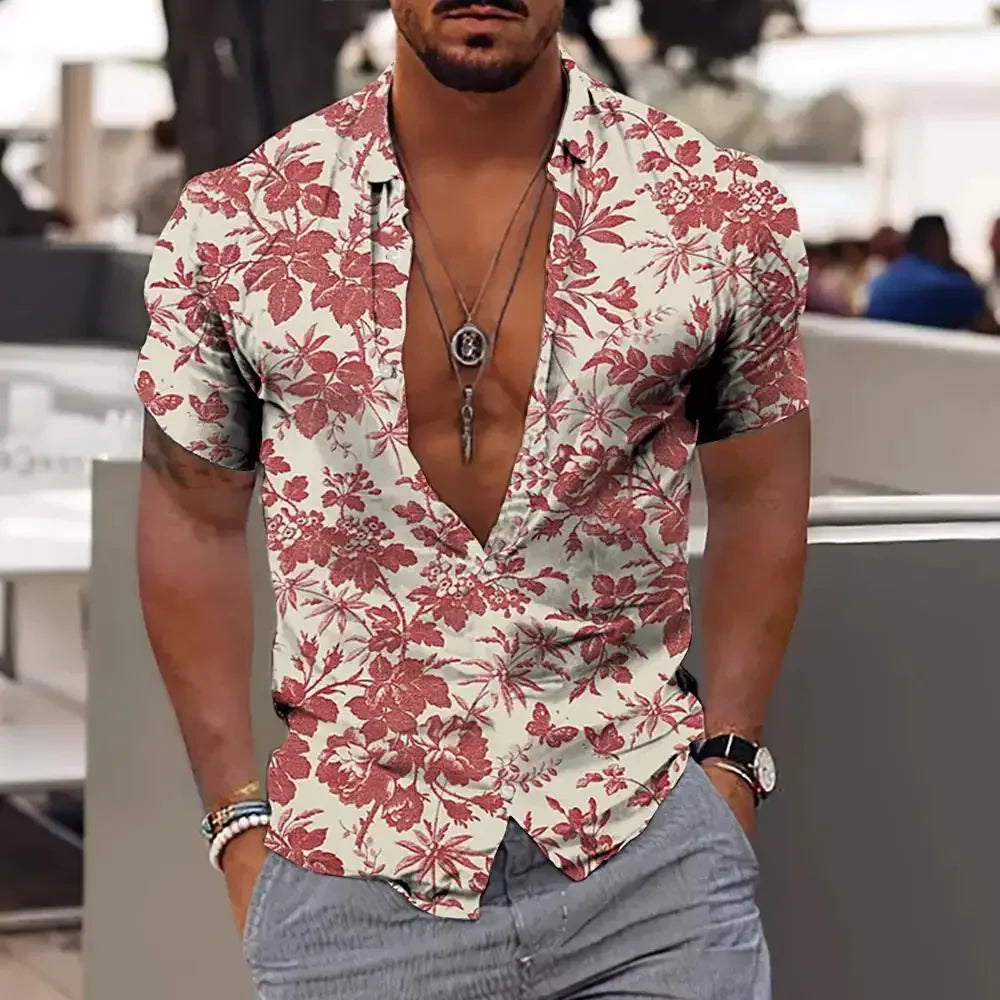 3D Plant Print Quick-Dry Short Sleeve Shirt