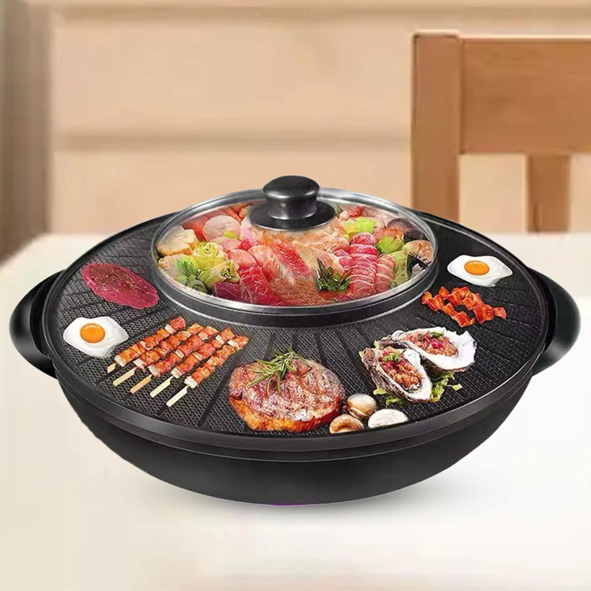 Electric Grill with Hot Pot Portable Round Barbecue Griddle Cookware Non Stick 2 in 1 Korean BBQ