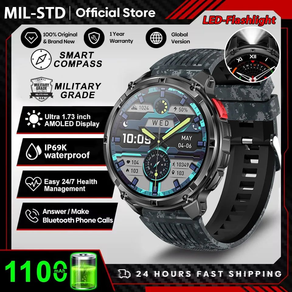Rugged Outdoor AMOLED GPS Smartwatch with Flashlight