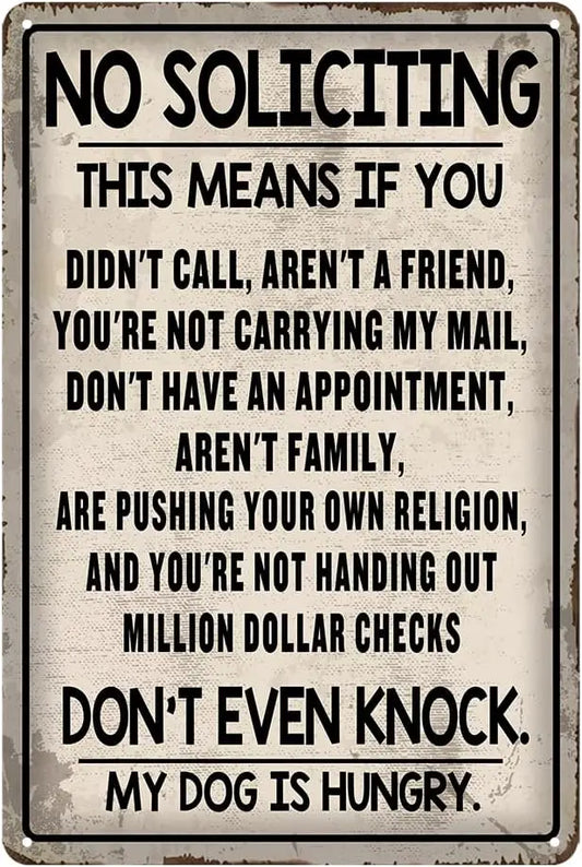 Funny No Soliciting Metal Tin Sign - Vintage Aluminum Wall Decor
