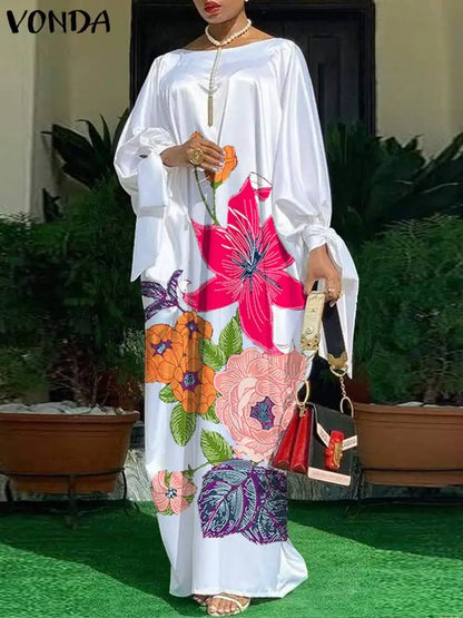 Women’s Long Sleeve Satin Maxi Dress – Vintage Floral Print Boho Sundress