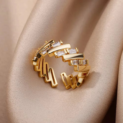 18K Gold Plated Zircon Geometric Open Ring – Trendy Waterproof Stainless Steel Jewelry