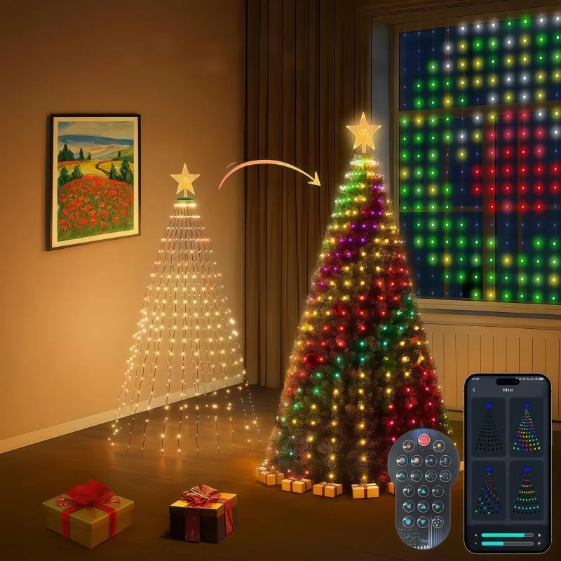 RGB Christmas Tree Waterfall Lights with Star Topper & App Control