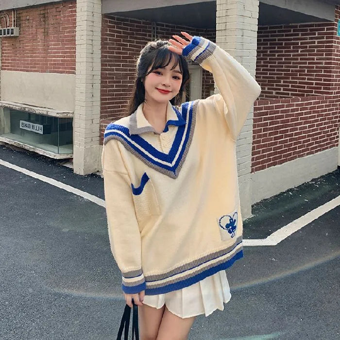 Women’s College Style Spliced Polo Collar Knitted Sweater