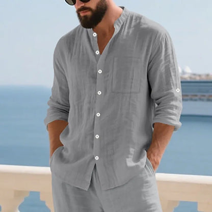 Men's White Linen Button-Down Mandarin Collar Vacation Shirt